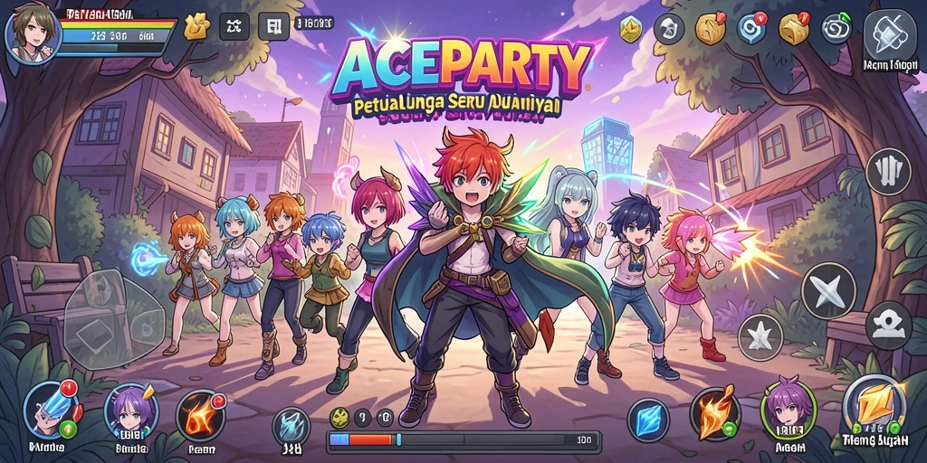 Tangkapan layar utama ACEPARTY menampilkan aksi seru dalam gaya anime.
