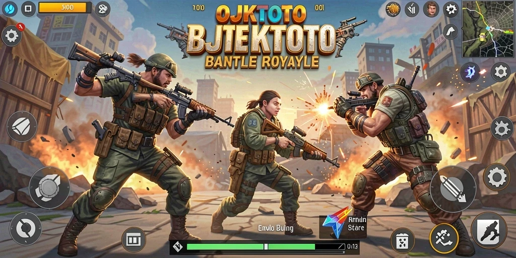 Tampilan intens gameplay OJKTOTO dalam pertempuran Battle Royale yang seru.
